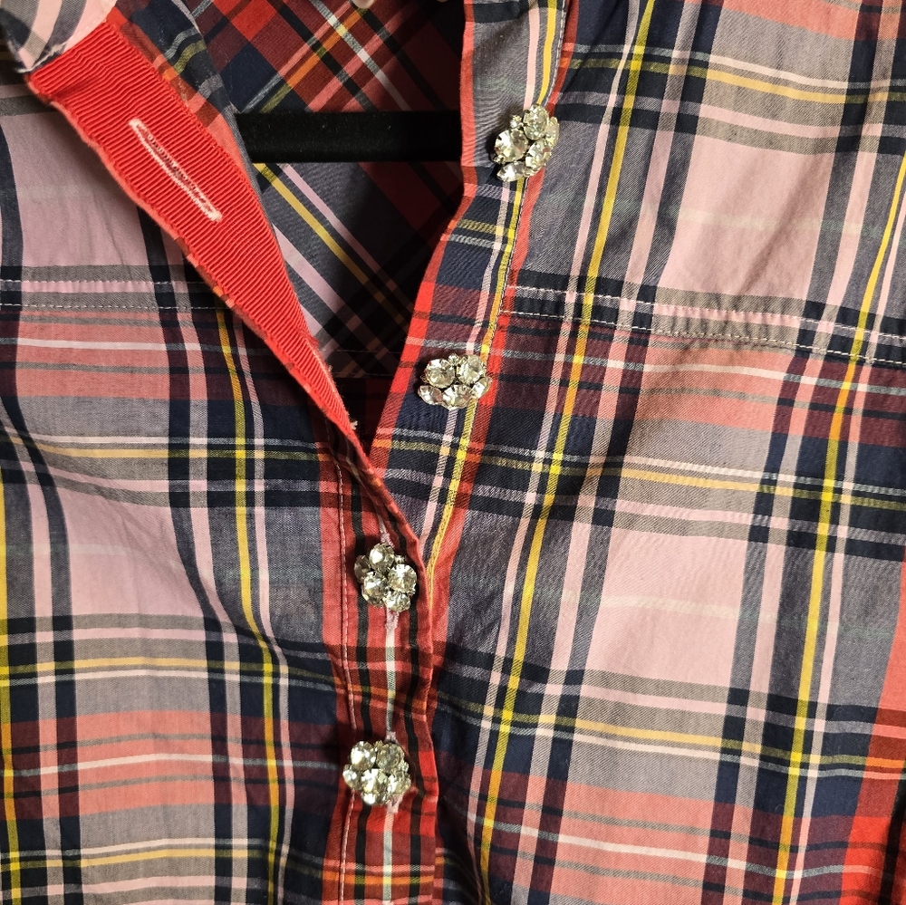 J. Crew Pink And Red Plaid Rhinestone Top Size 0 - Picture 3 of 6